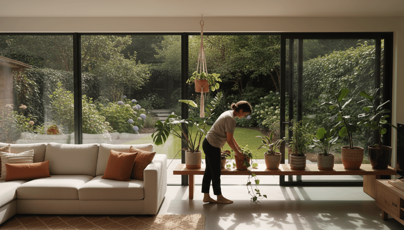 A welcoming home interior with quality furnishings, potted plants, and garden view through windows
