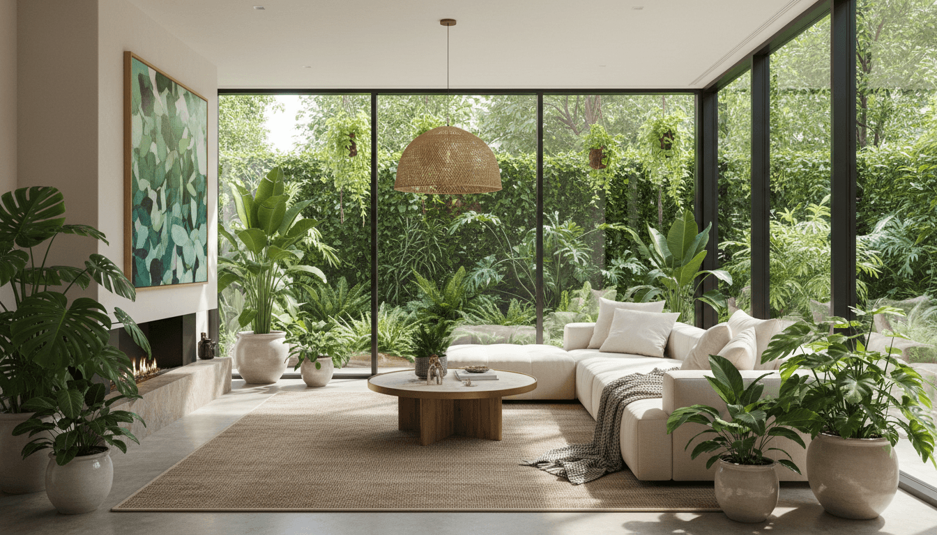 Hermosa casa moderna con plantas de jardín y luz natural