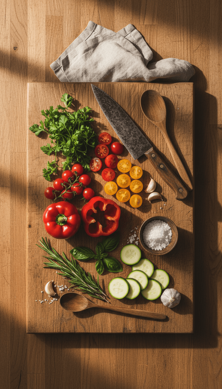 Kitchen essentials and fresh ingredients on wooden surface