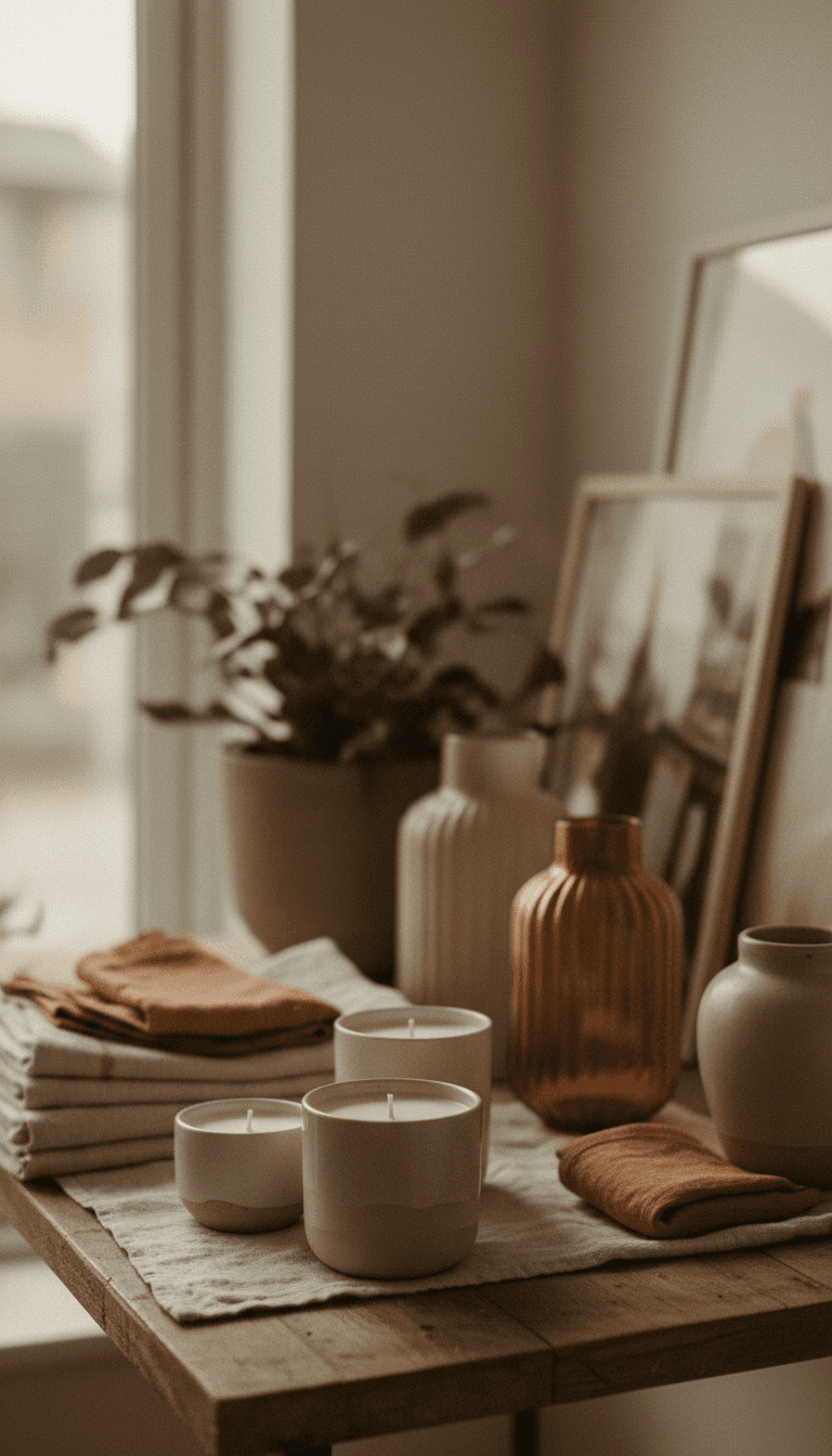 Curated home décor items with warm vintage styling