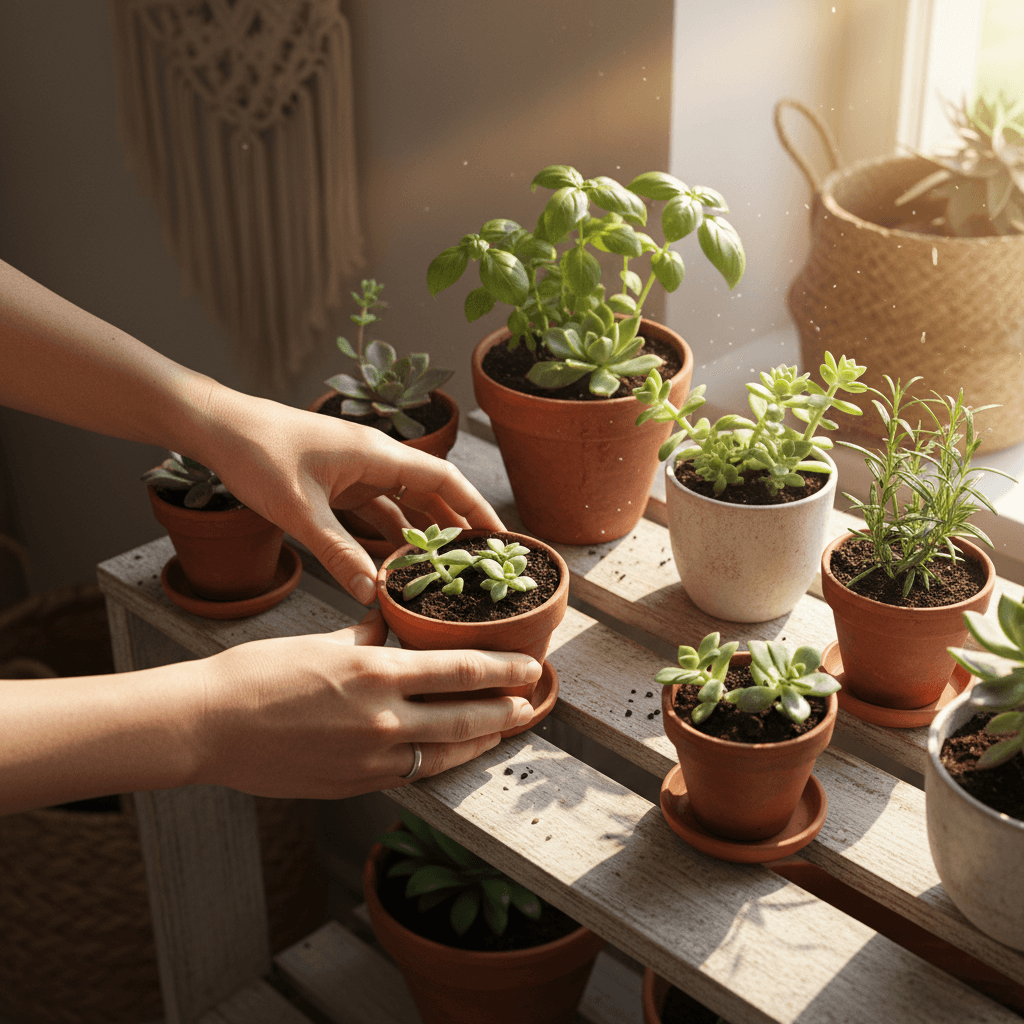 Hands arranging garden plants and pots on a home shelf