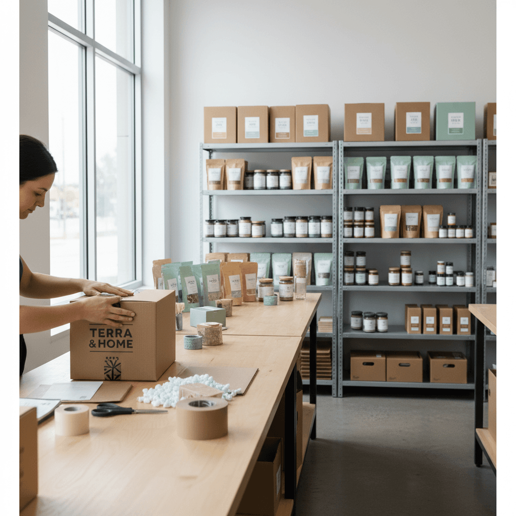 Organized shipping station with carefully packed home products