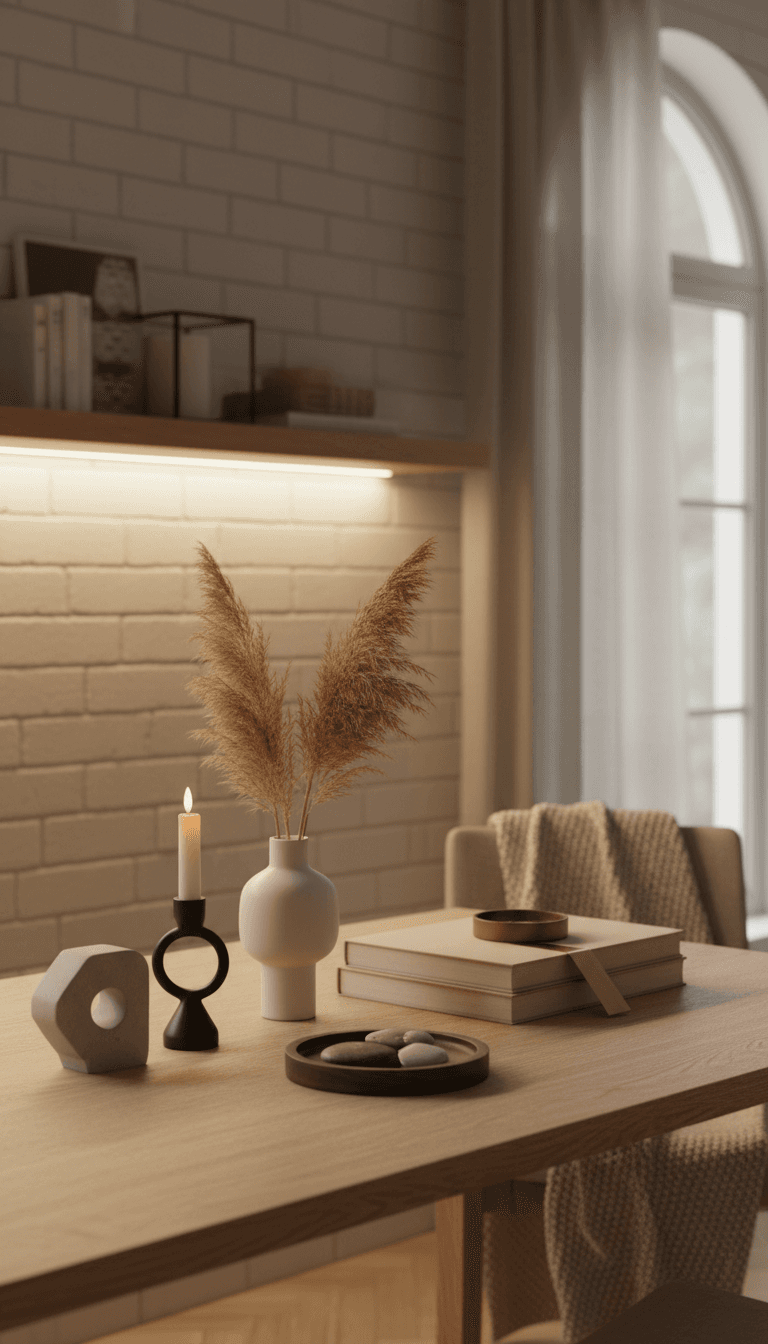 Accesorios decorativos modernos para el hogar en una mesa de madera