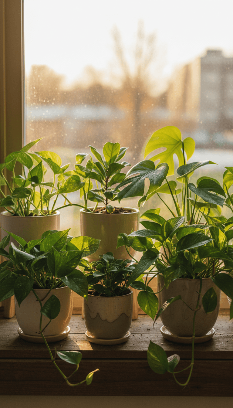 Healthy indoor plants in ceramic pots by natural light