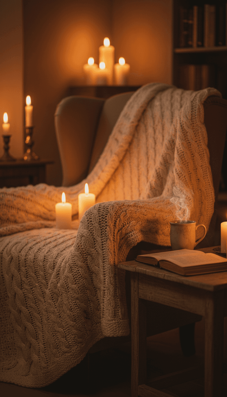 Cozy home comfort setup with blanket and warm lighting