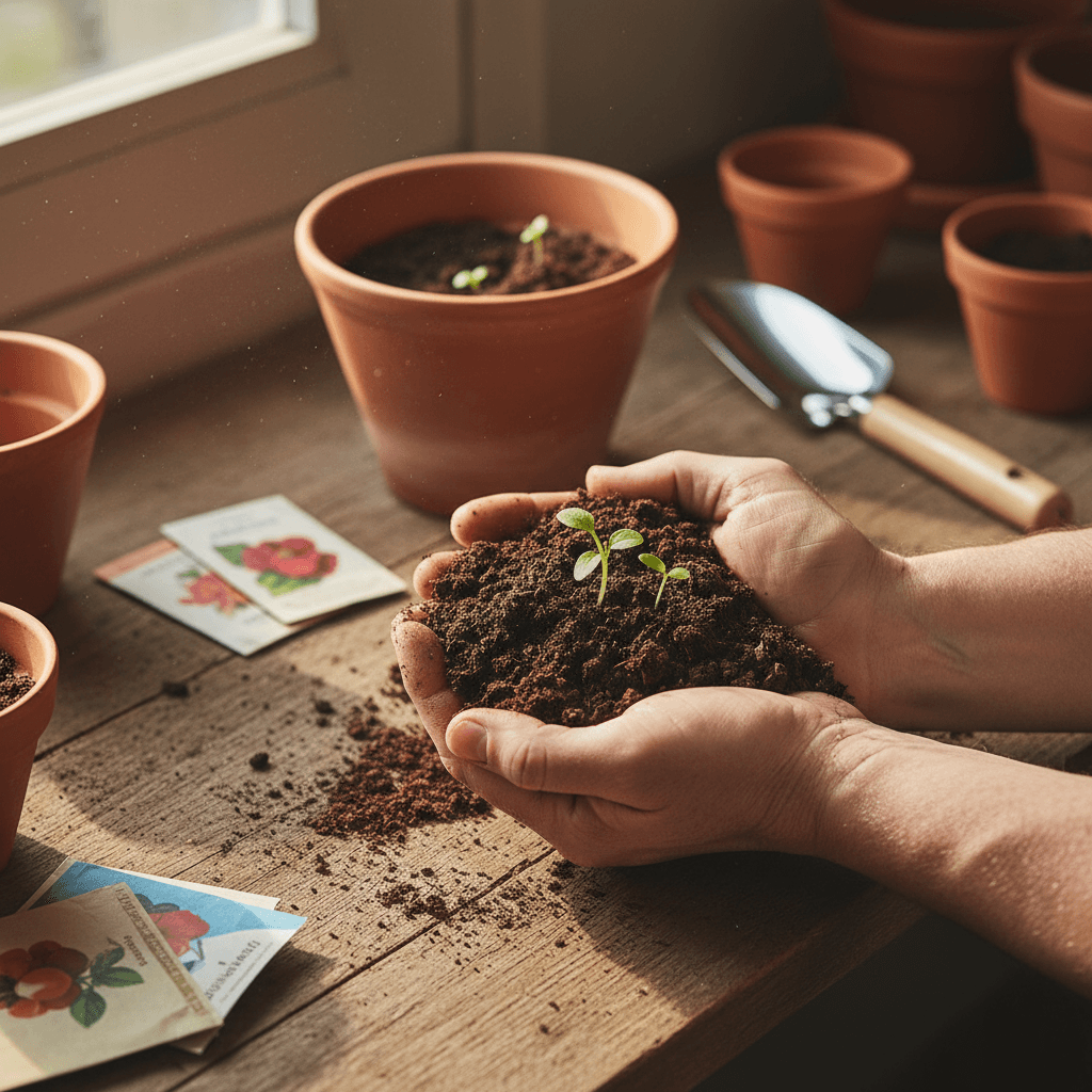 Gardening tools and seedlings on workbench