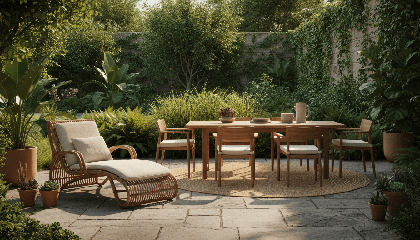 Hermoso espacio exterior con muebles cómodos y plantas verdes en ambiente luminoso