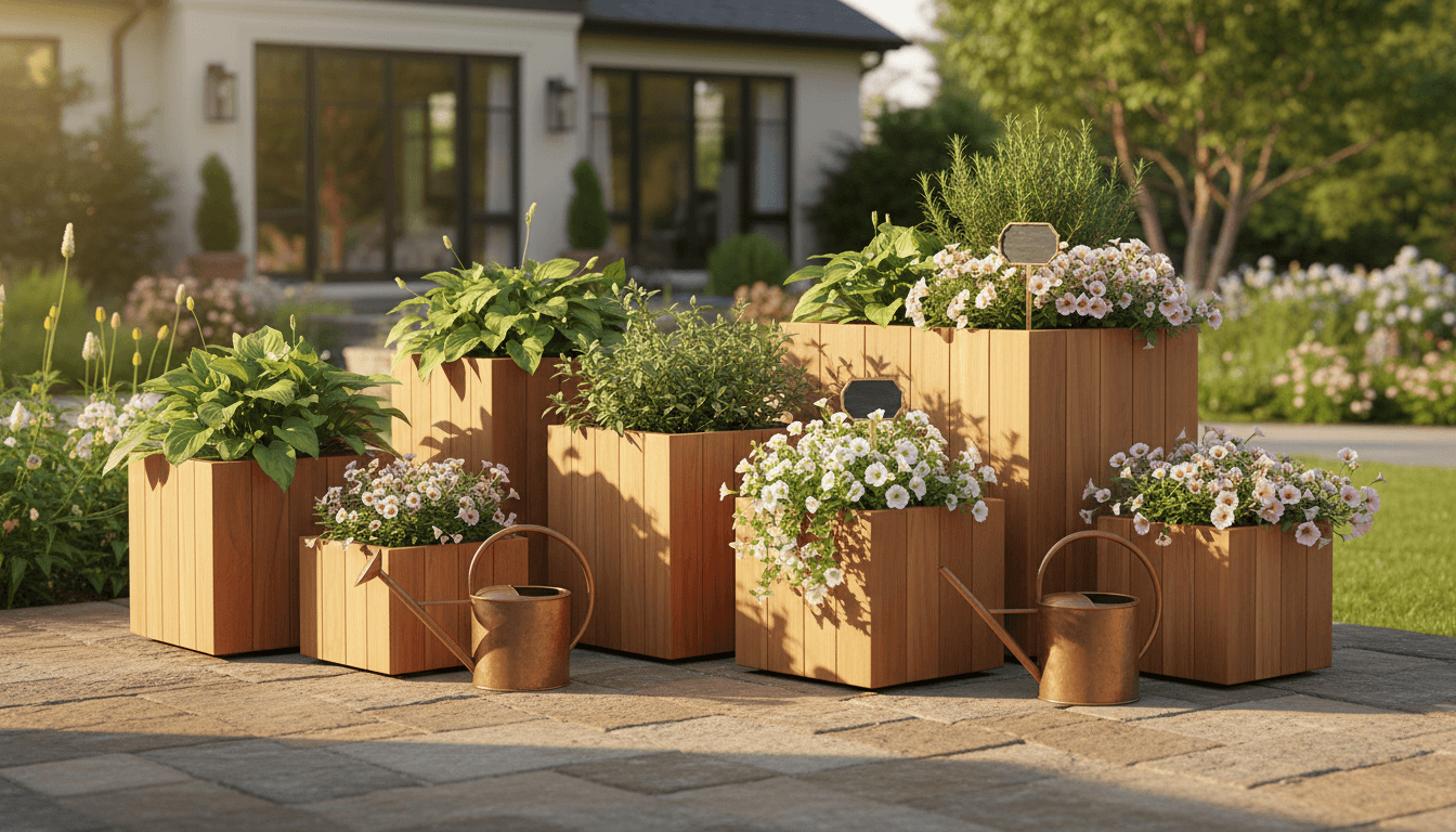 Carefully arranged home and garden products in a warm outdoor setting with natural morning light