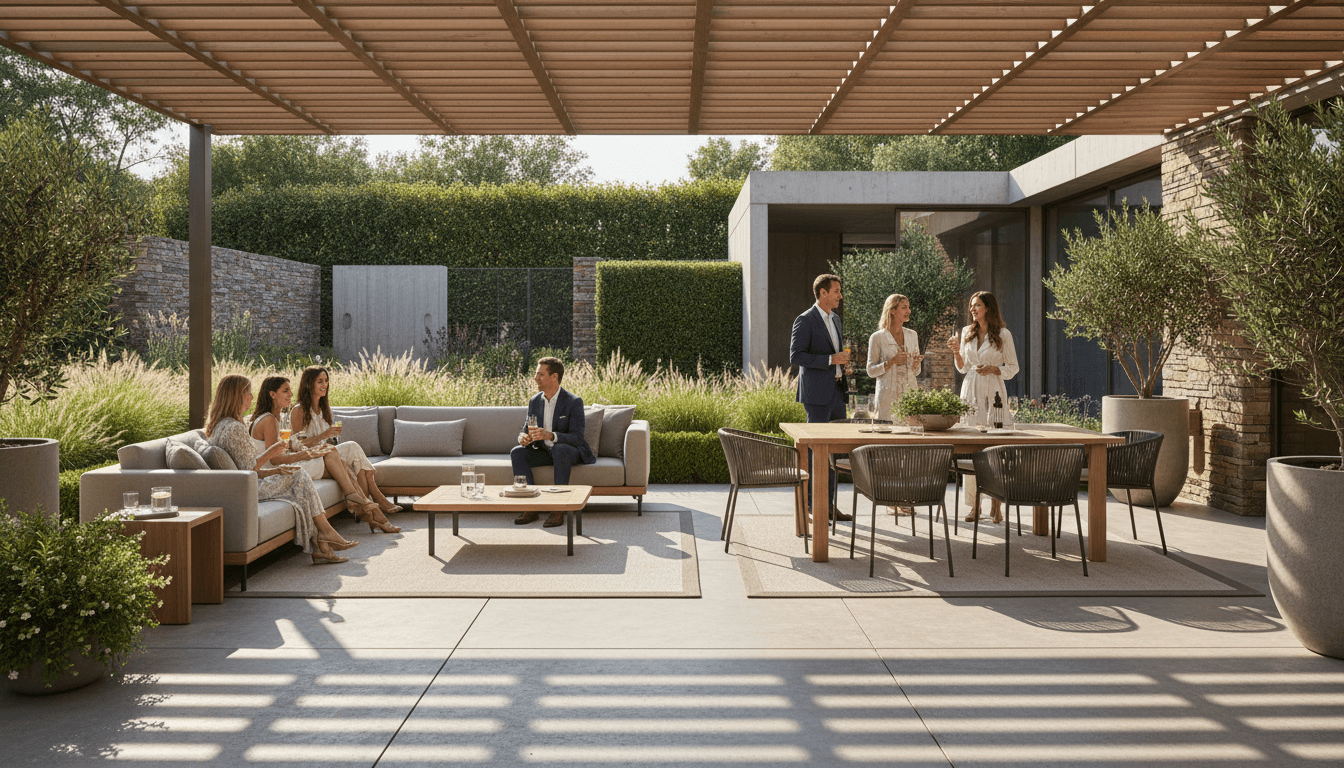 Espacio exterior hermoso con plantas verdes y área de descanso cómoda