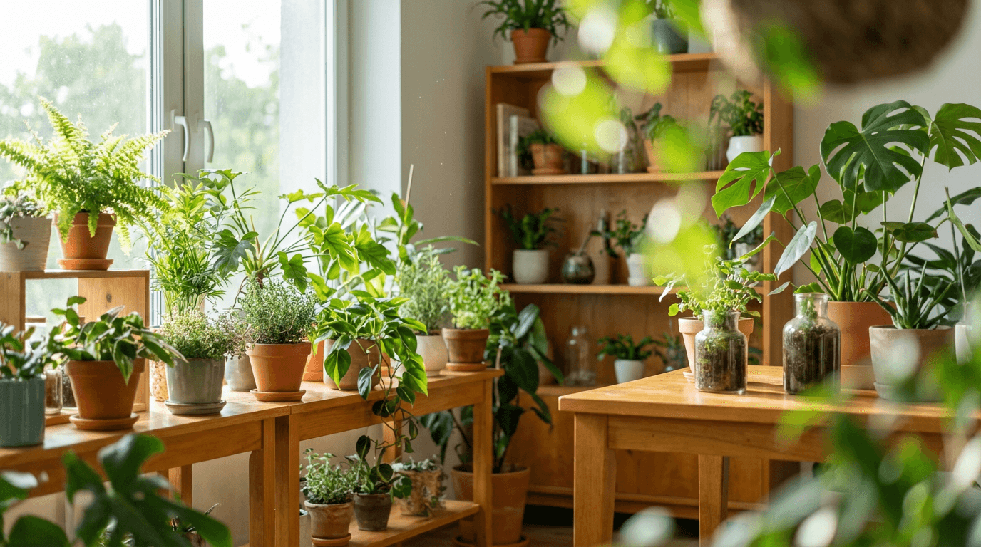 Potted herbs on wooden shelf
