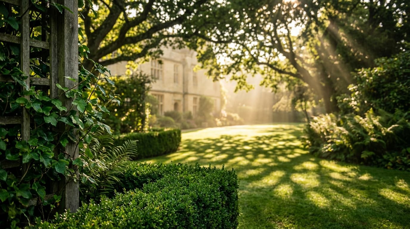 Sunlit home and garden space with comfortable furniture and thriving plants